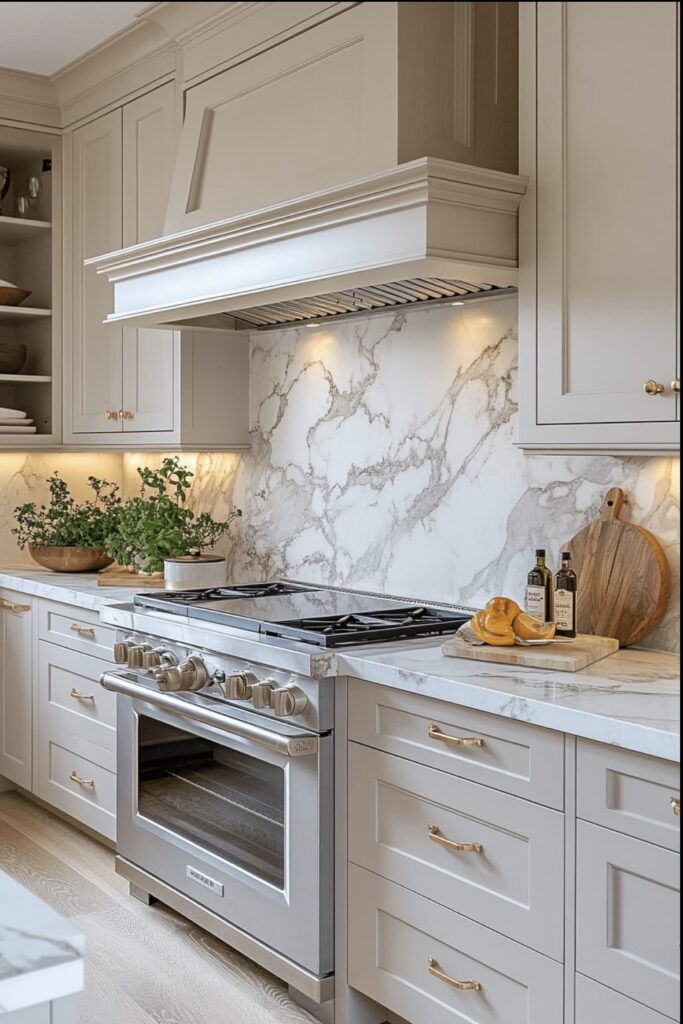 Luxury kitchen with gas range and quartz counter tops and back splash